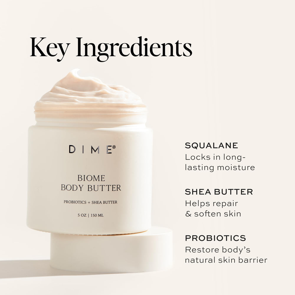 Applying DIME Biome Body Butter to dry areas like elbows and hands
