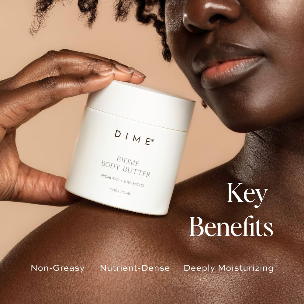 Rich whipped texture of DIME Biome Body Butter for deep hydration and quick absorption
