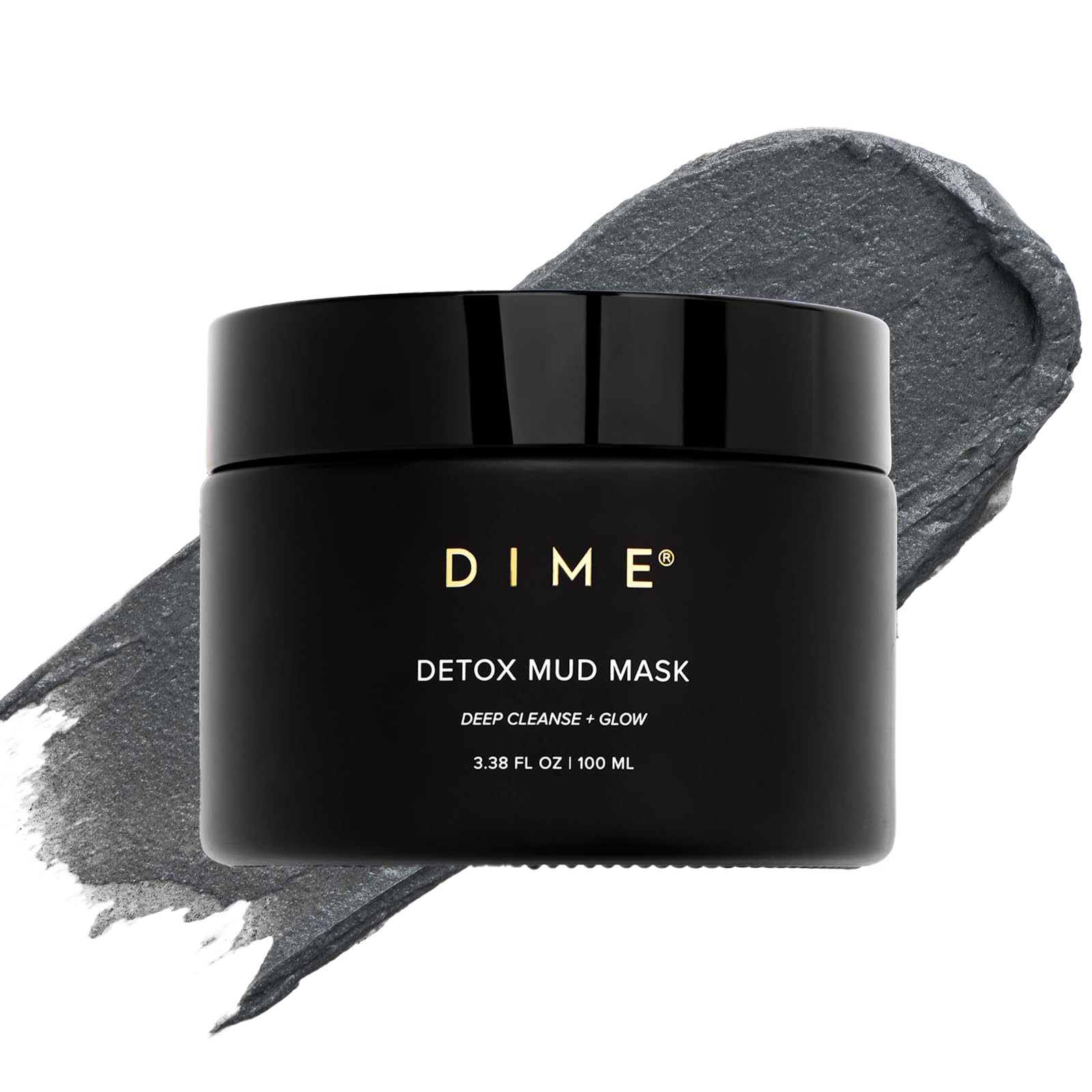 DIME Beauty Detox Mud Mask jar closeup highlighting mineral-rich Dead Sea mud for detoxifying skin.