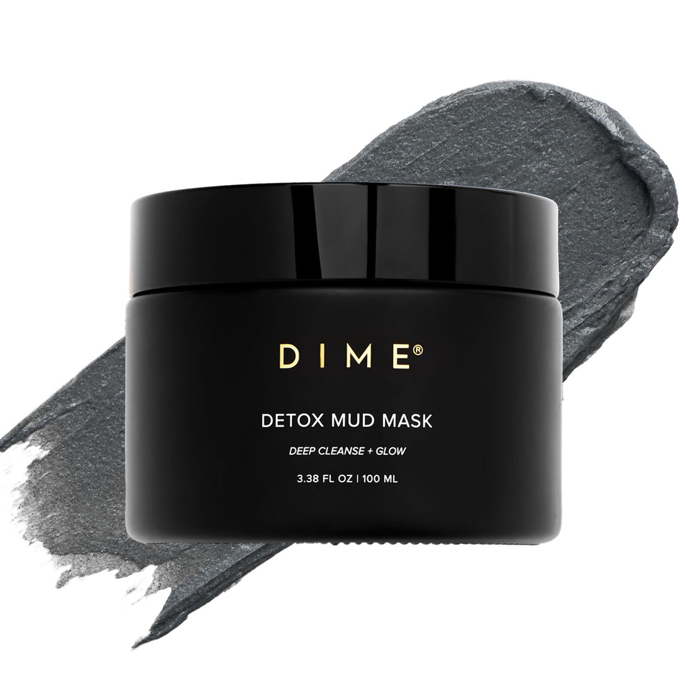 DIME Beauty Detox Mud Mask jar closeup highlighting mineral-rich Dead Sea mud for detoxifying skin.