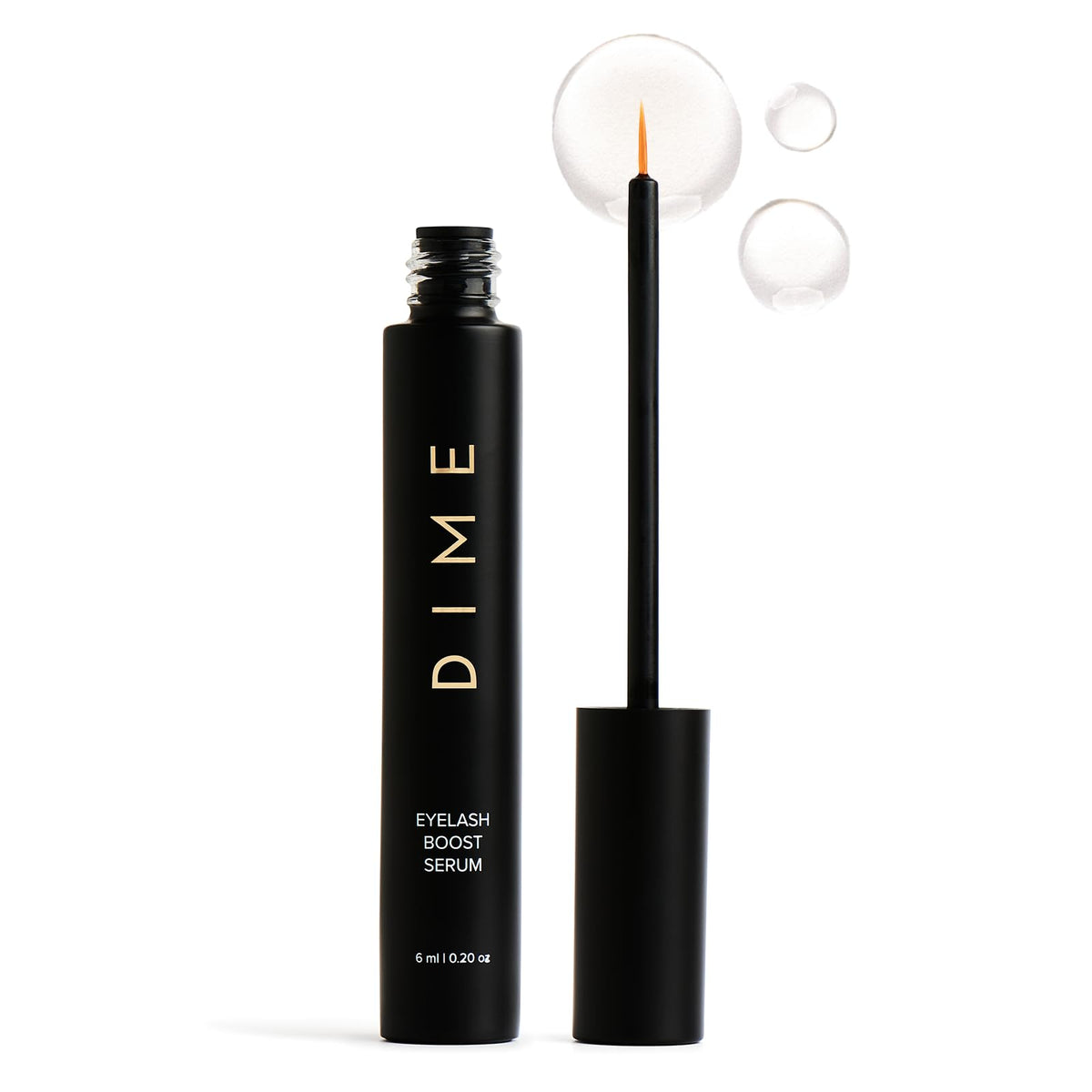 DIME Beauty eyelash boost serum bottle close-up for healthy lash nourishment.