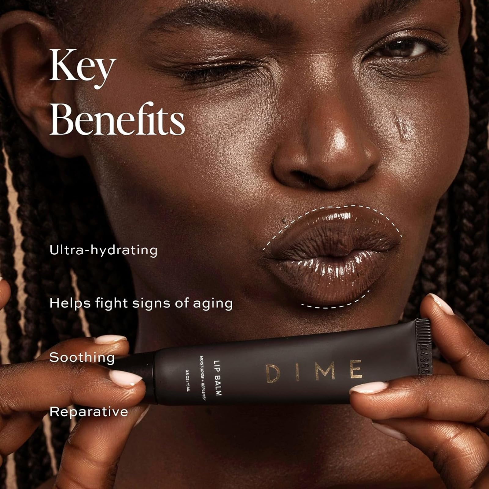 DIME Lip Balm applied on lips for smooth, shiny nourishment.