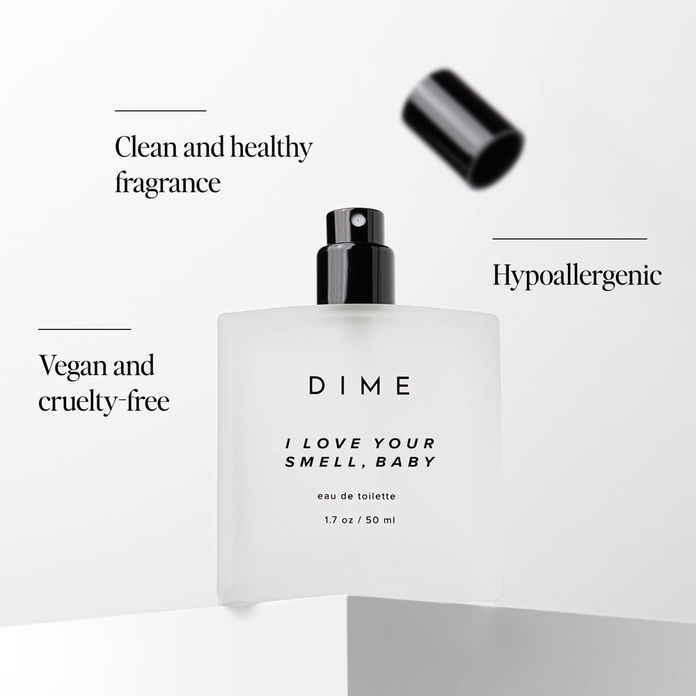 DIME I Love Your Smell Baby label closeup, showcasing the luxe fruit gourmand vibe