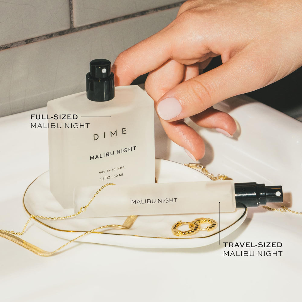 DIME Malibu Night mist-dispense shows smooth, even fragrance spray.