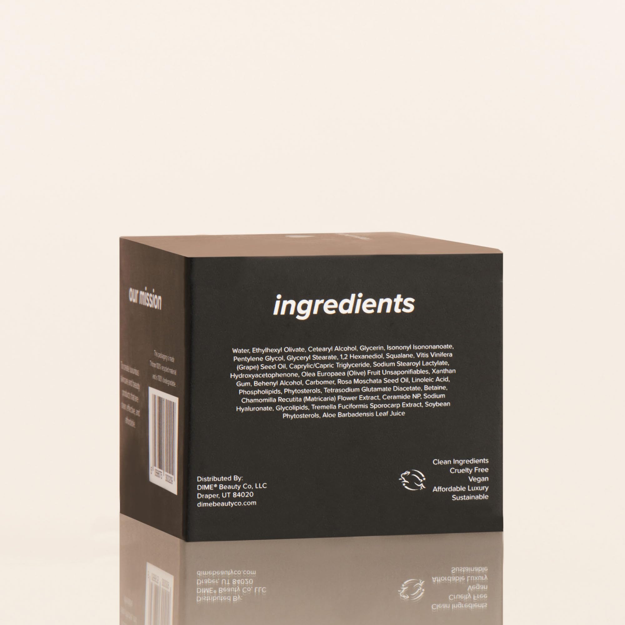 DIME Beauty Restorative Night Cream packaging detail highlights sustainable design.