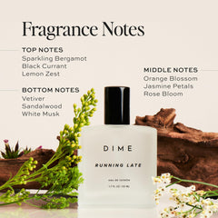 DIME Running Late perfume cap close-up highlighting citrus and floral notes