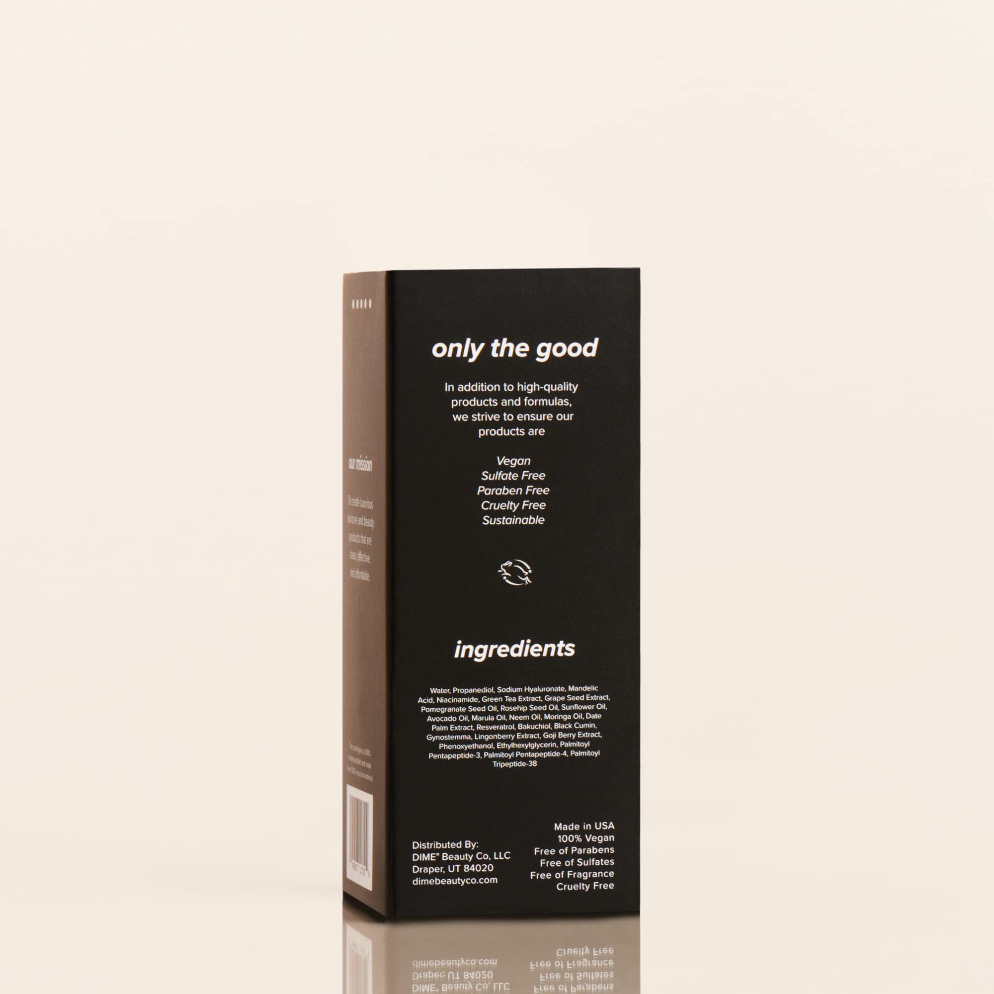 DIME Beauty TBT Serum eco-friendly packaging close-up emphasizing sustainability.