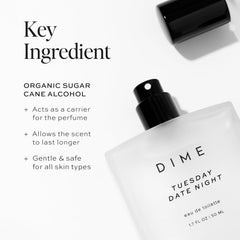 DIME Beauty Tuesday Date Night base notes of sandalwood and musk create lasting allure.