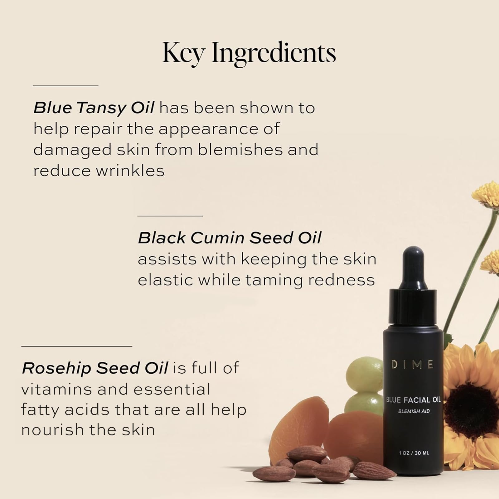 DIME Blue Facial Oil dropper ready for precise, evening skin care application