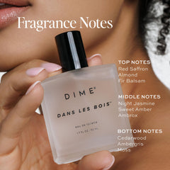 DIME Dans Les Bois base notes shown with cedar, moss for earthy finish