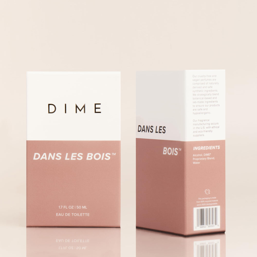 DIME Dans Les Bois vegan cruelty-free label indicating ethical fragrance choice