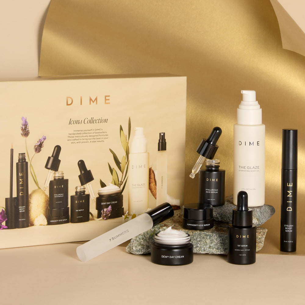 DIME Dewy Day Cream jar helps achieve a soft, dewy complexion.