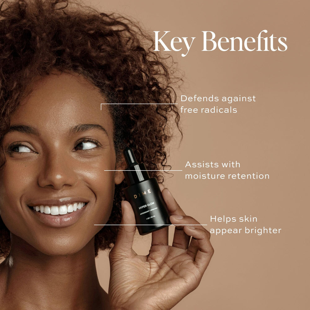 DIME Hyper Glow Serum dropper pouring formula for precise daily application and glow