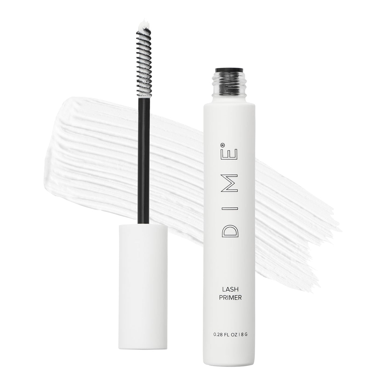 DIME Lash Primer bottle close-up showing white formula for lash prep