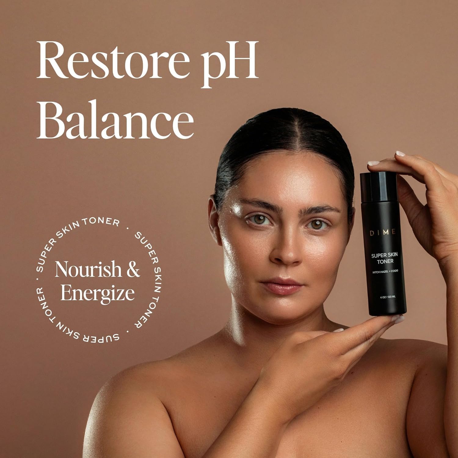 DIME Super Skin Toner packaging highlights sustainable, vegan design.