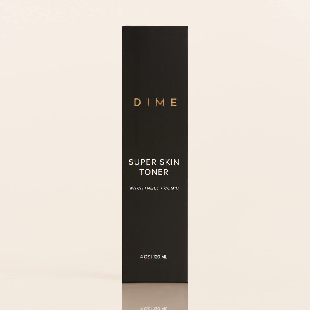 DIME Super Skin Toner packaging shows vegan and cruelty-free symbols.