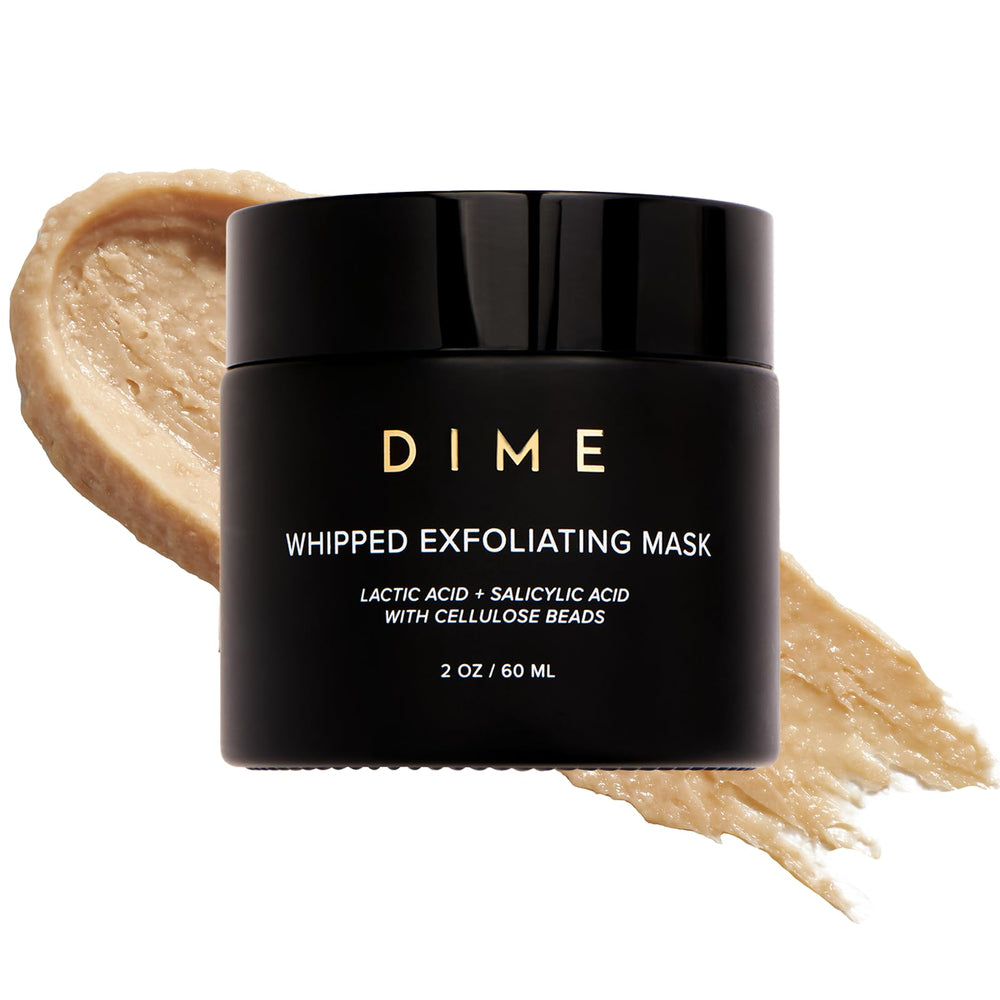 DIME Beauty whipped exfoliating mask tube shows creamy texture for gentle exfoliation and smoother skin