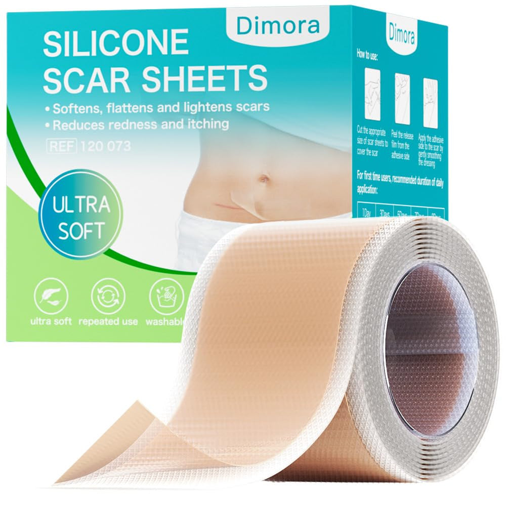 Dimora silicone scar sheets roll shown, flexible and skin-friendly for diverse scar types.