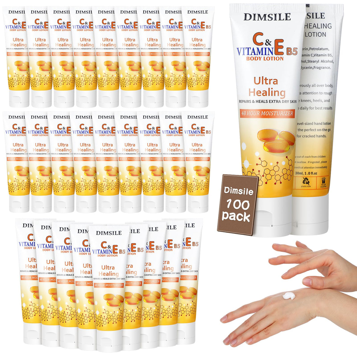 Dimsile 100-pack travel lotion bottle front for on-the-go hydration.