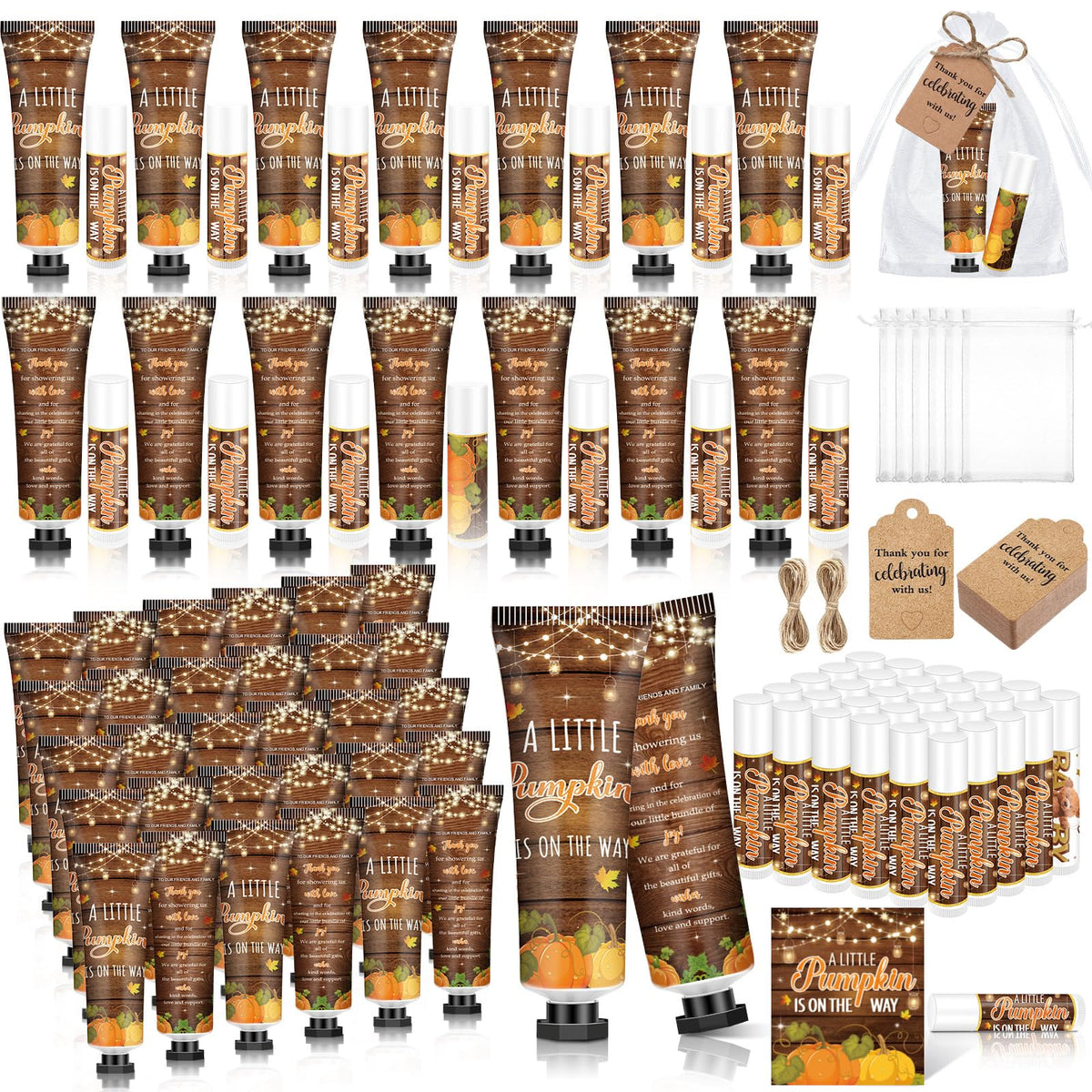 Dimsile rustic pumpkin hand lotion set presented as baby shower guest gifts with hydration benefits