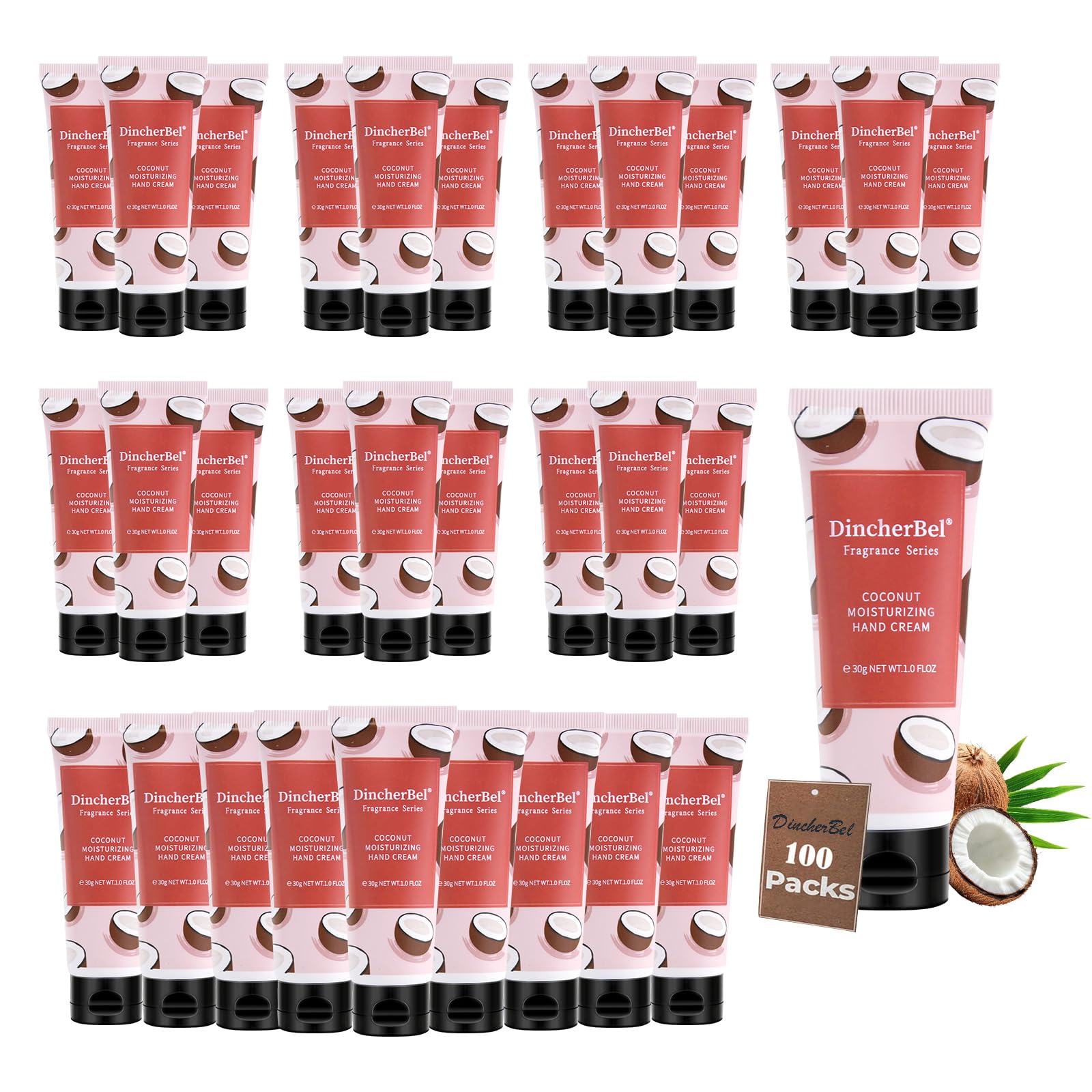 DincherBel coconut hand cream tube for smooth, fast-absorbing hydration.