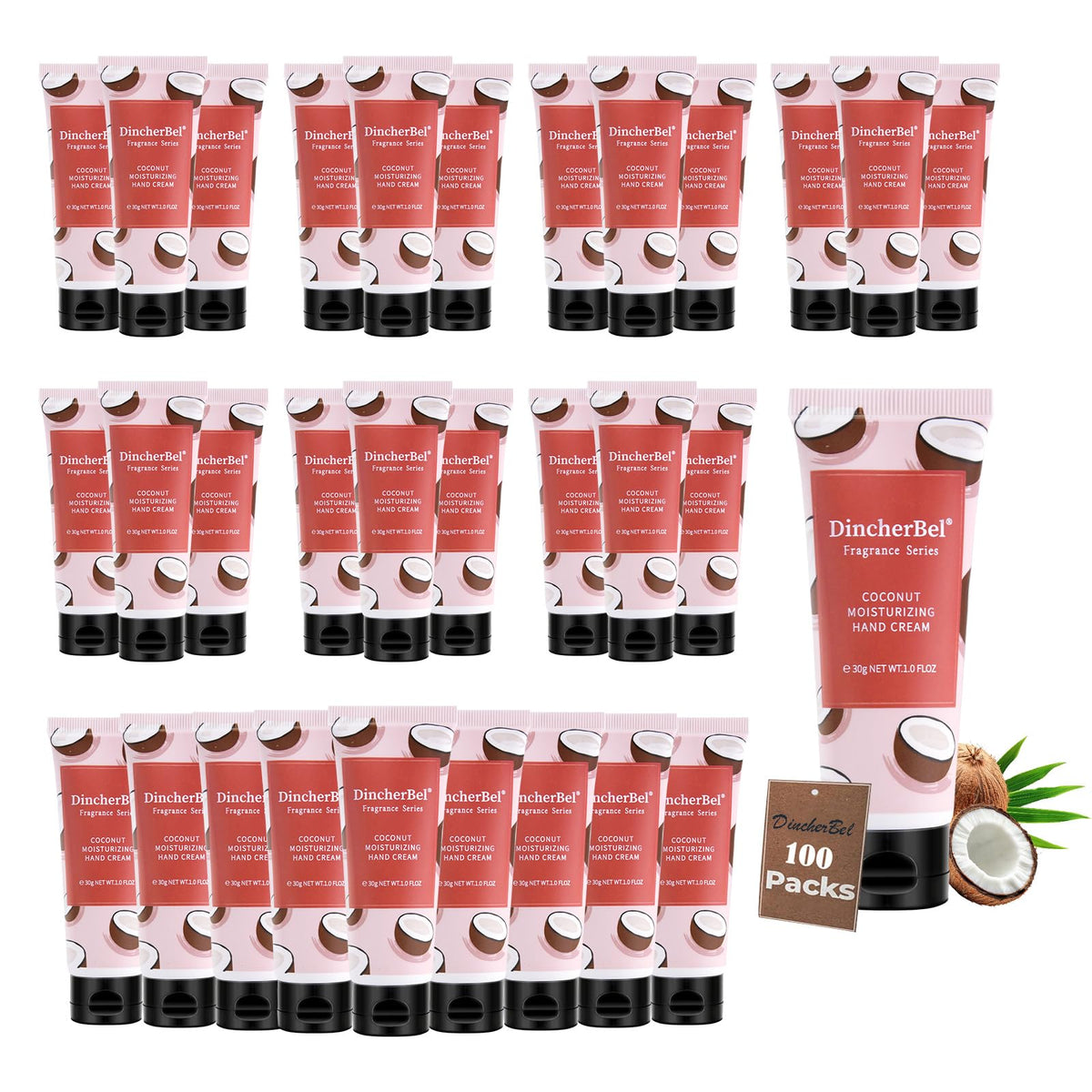 DincherBel coconut hand cream tube for smooth, fast-absorbing hydration.