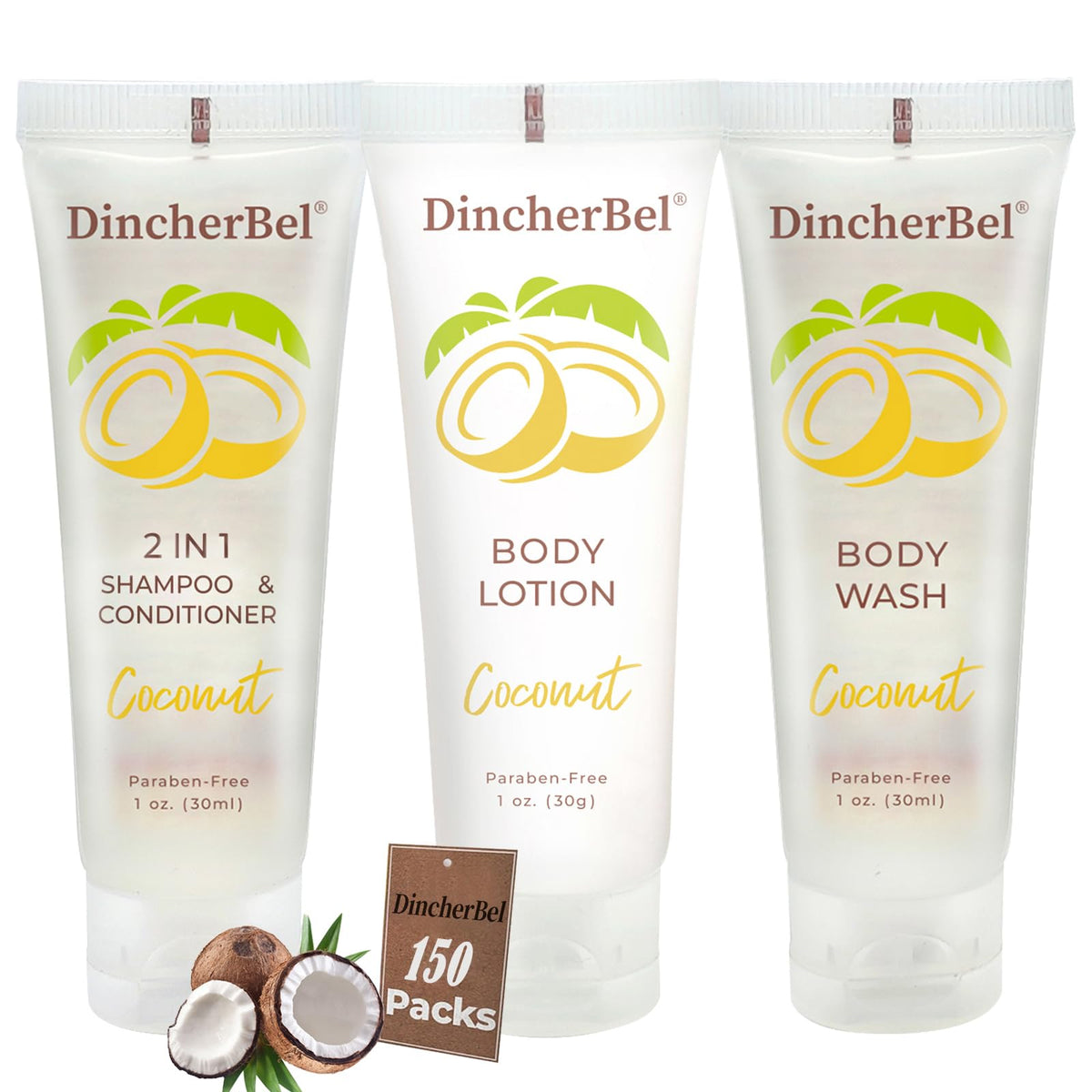 DincherBel 2-in-1 coconut shampoo-conditioner travel tube, foil-sealed for hygiene on the go.