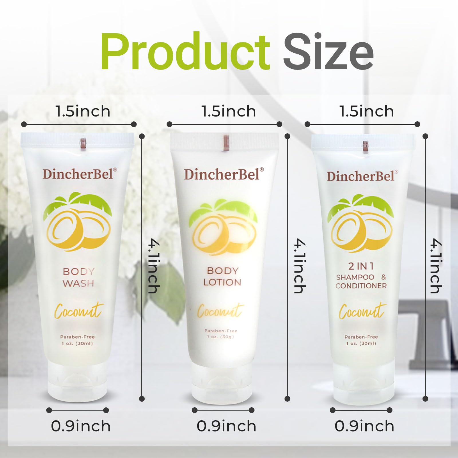 DincherBel coconut body lotion travel tube, compact for guest rooms and comfort.
