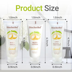 DincherBel coconut body lotion travel tube, compact for guest rooms and comfort.