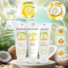 DincherBel coconut body wash travel tube, foil-sealed for freshness during trips.