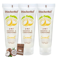 DincherBel travel-size 2in1 shampoo and conditioner bottle for hotel guests.