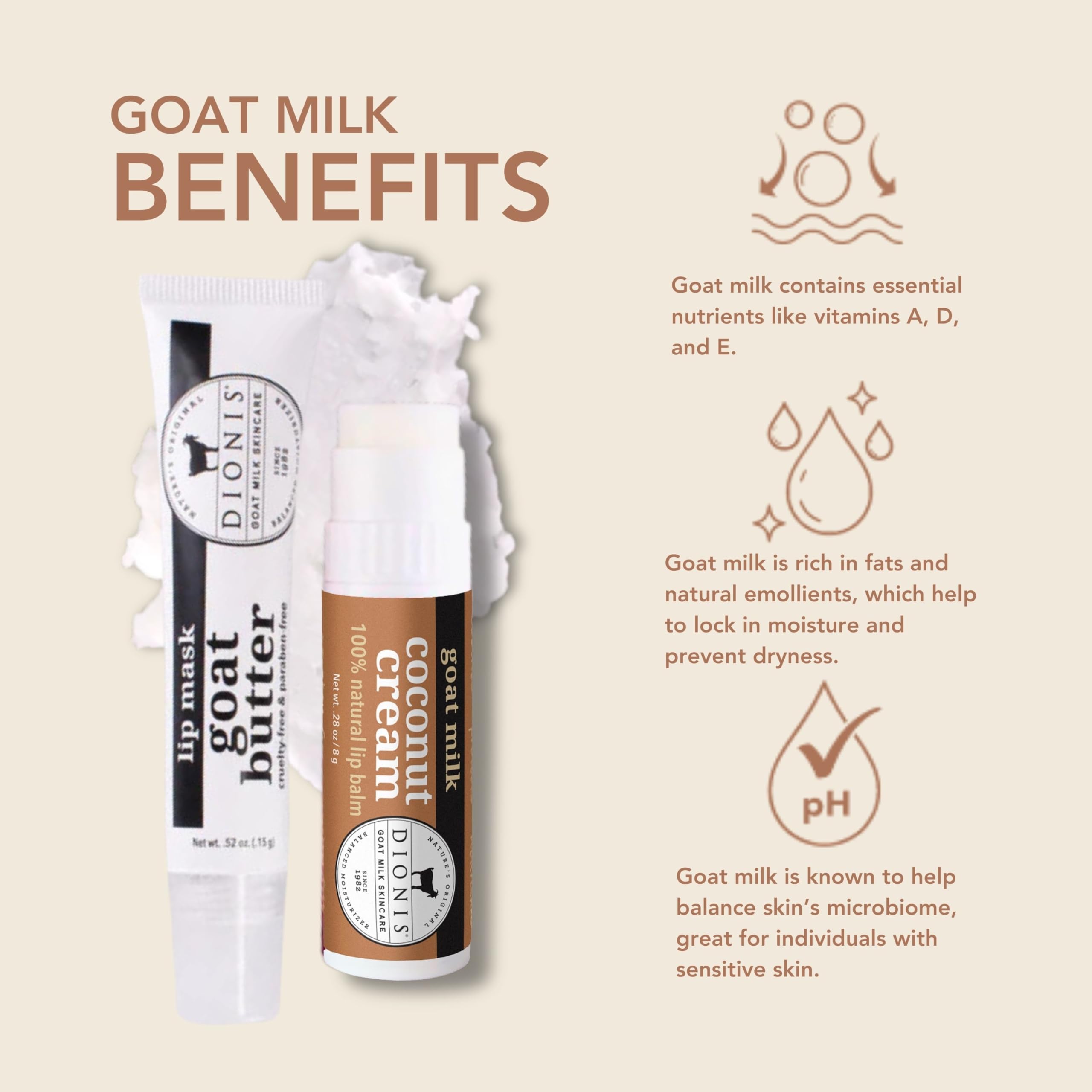 Dionis Creamy Coconut Lip Balm tube delivering tropical hydration all day