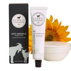 Dionis Goat Milk Anti-Wrinkle Cream bottle shows a smoothing, youthful look.
