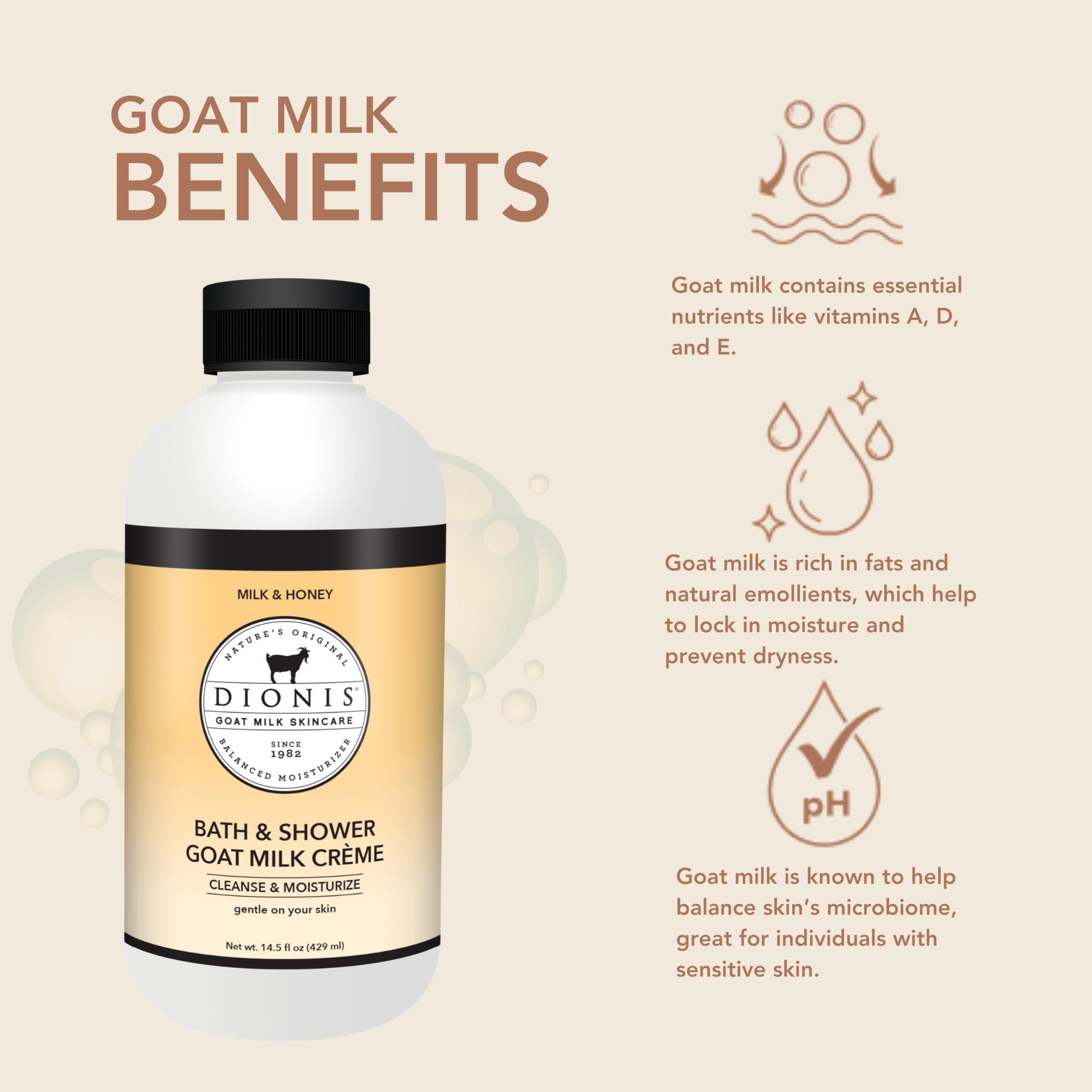 Dionis Goat Milk Bath Soap bottle pour demonstrates easy dispensing for quick, refreshing showers.