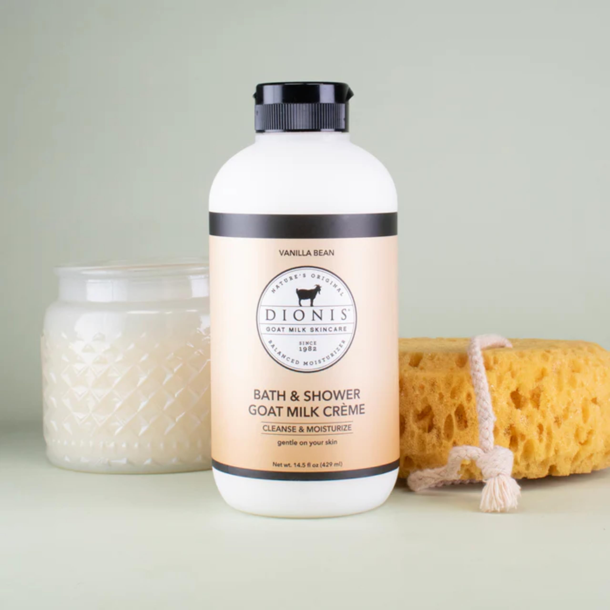 Dionis Goat Milk Bath Soap vanilla-bean bottle emphasizes nourishing moisture.
