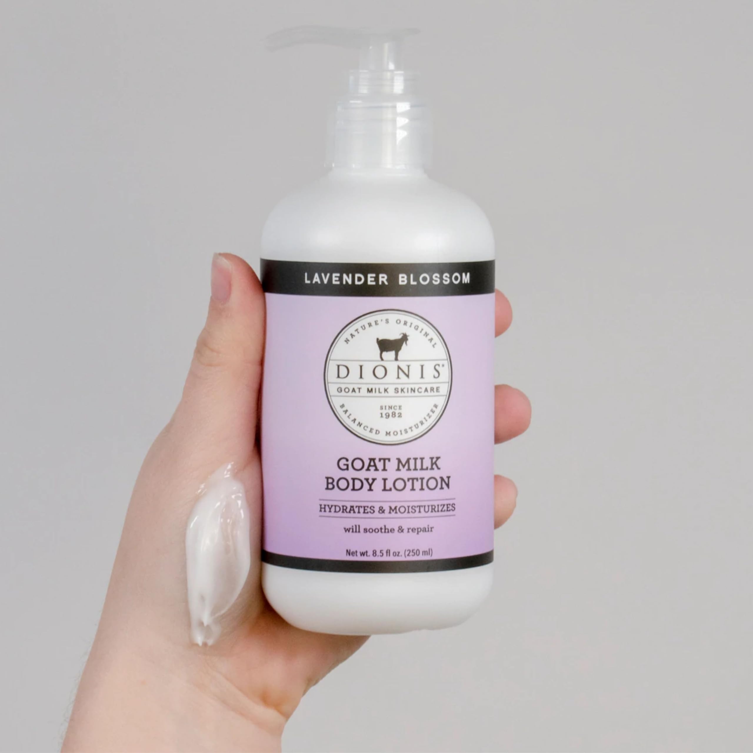 Dionis Goat Milk ingredients panel highlights nutrient-rich formula for moisturized skin.