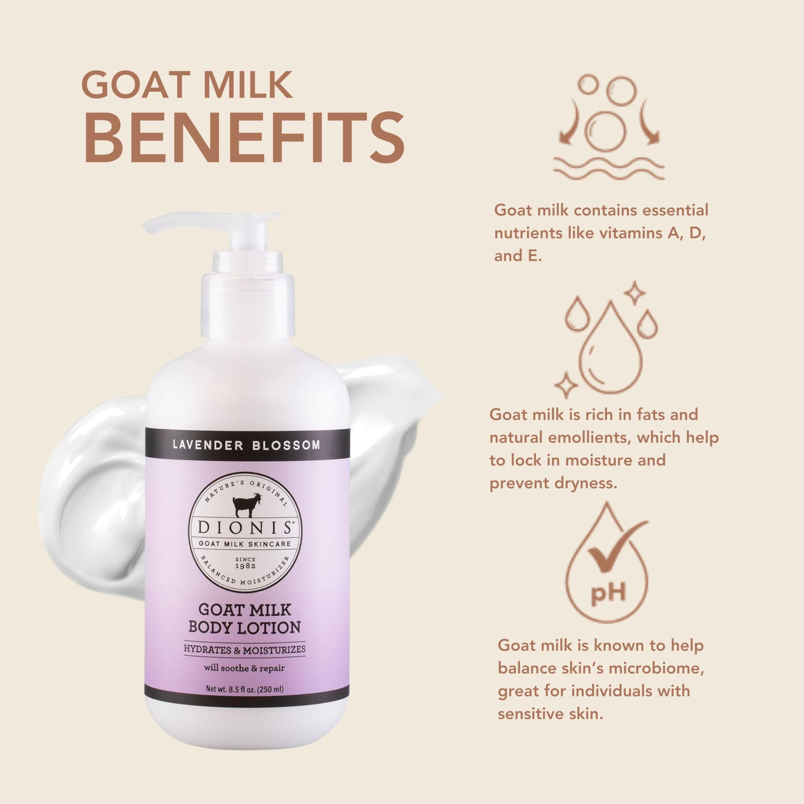 Close-up of Dionis Lavender Blossom lotion label showing goat milk base.