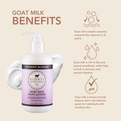 Close-up of Dionis Lavender Blossom lotion label showing goat milk base.