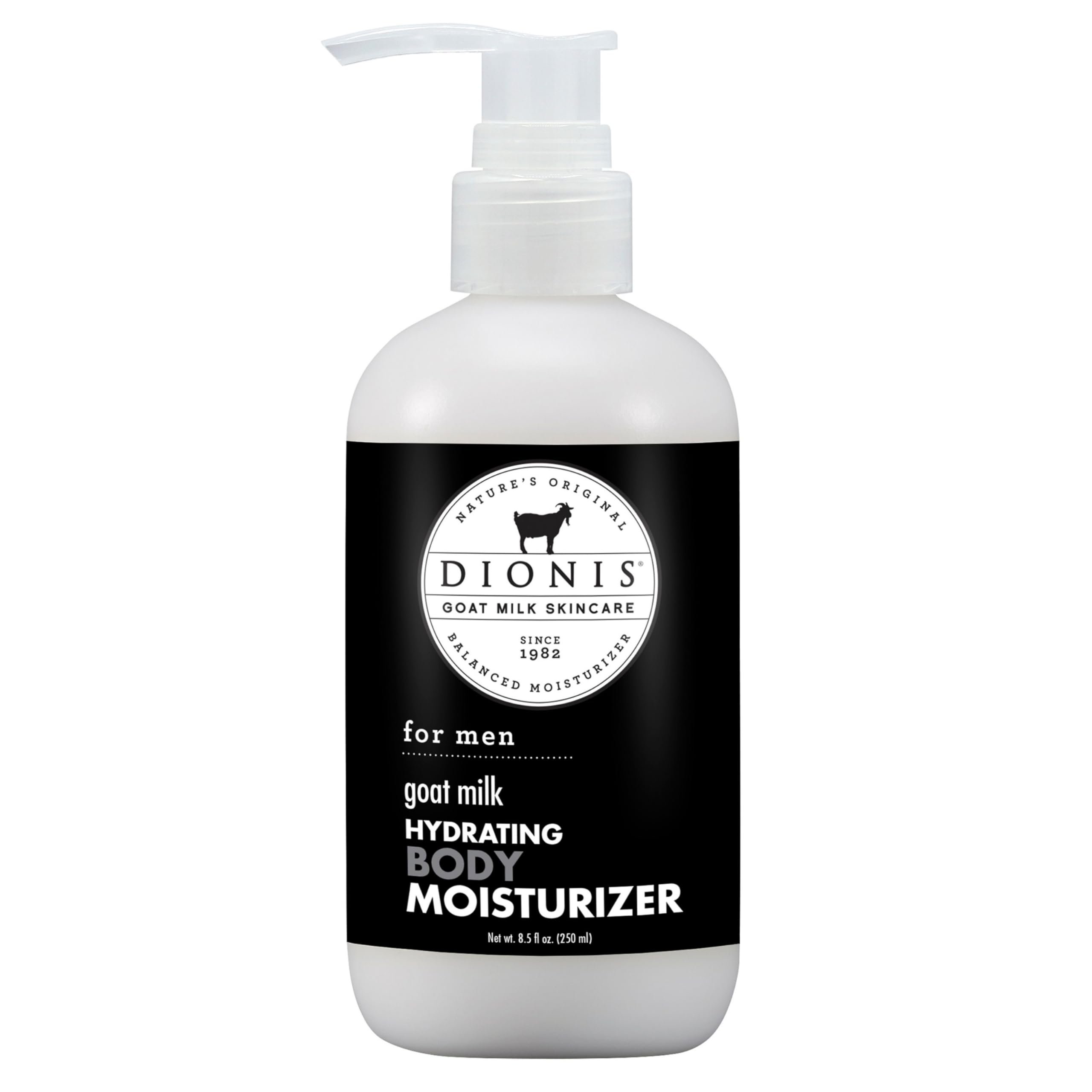 Dionis goat milk body lotion for men in bottle with fresh scent and quick absorption.