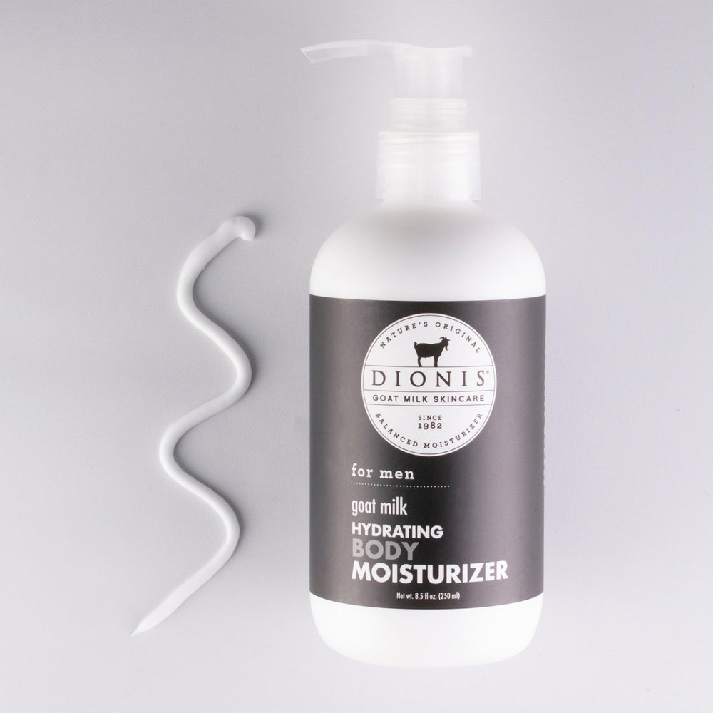 Label close-up on Dionis goat milk lotion highlighting masculine fragrance.