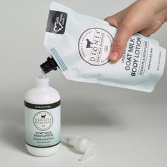 Side view of Dionis refill packaging next to the pump bottle