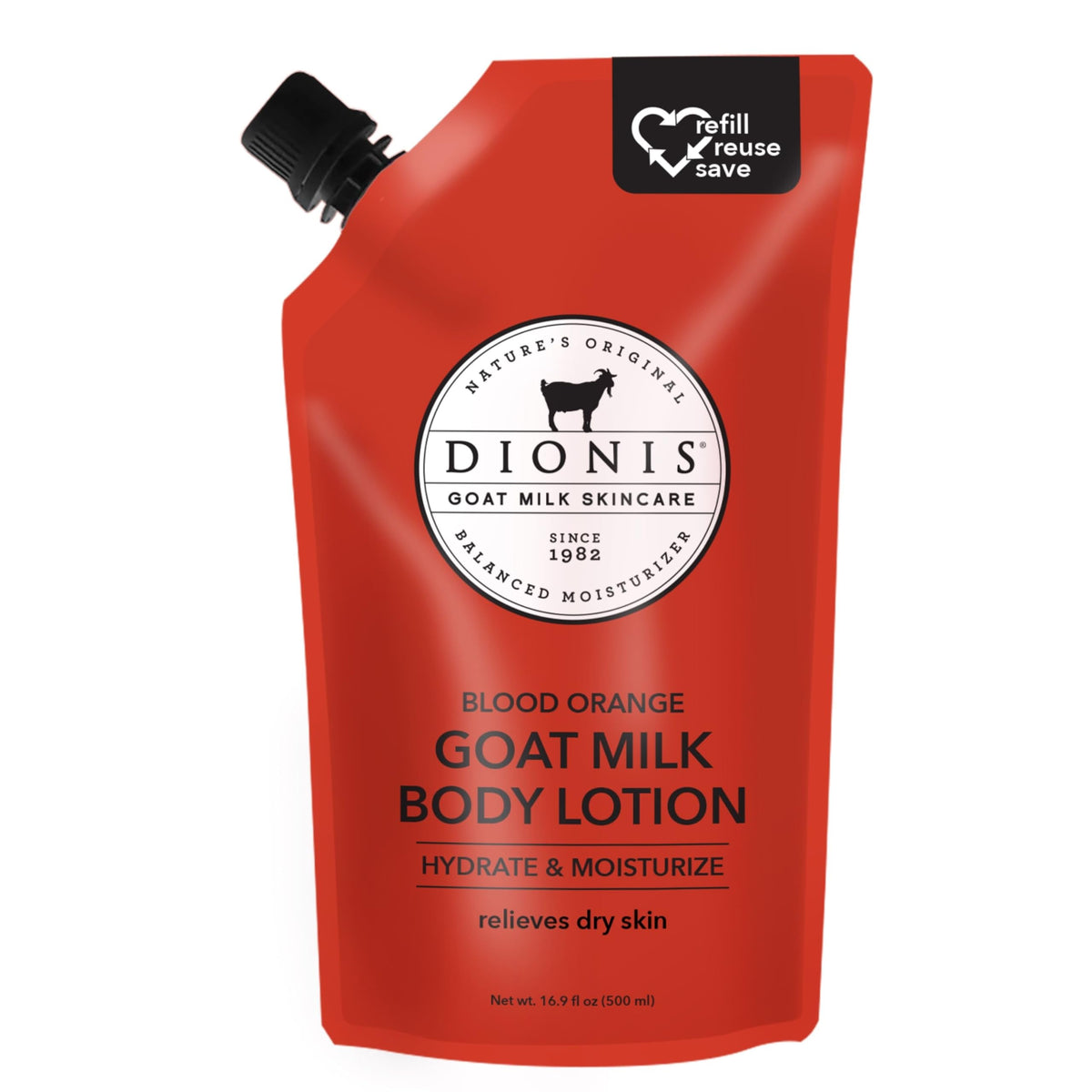 Dionis goat milk body lotion refill pouch front shows packaging for rich hydration