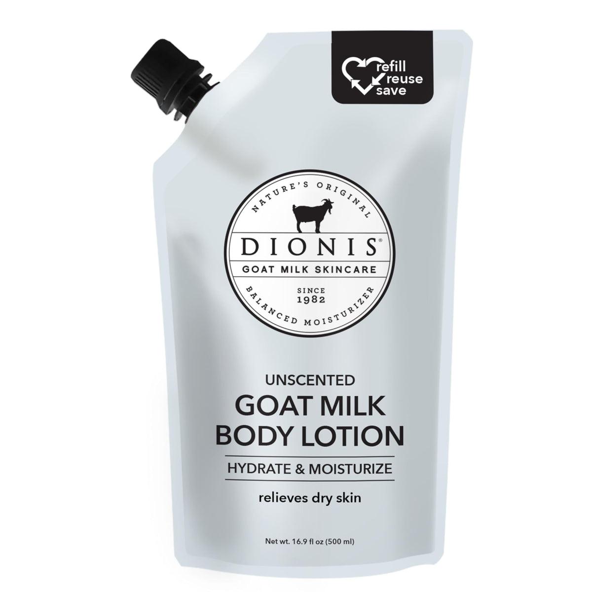 Dionis goat milk body lotion refill pouch on a clean surface highlighting hydration potential