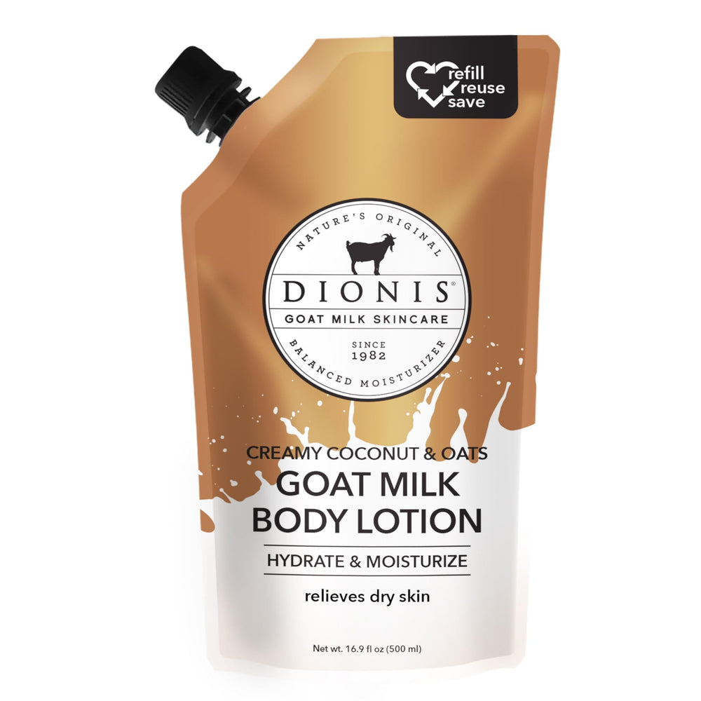Dionis goat milk body lotion refill pouch packaging highlights eco-friendly design.