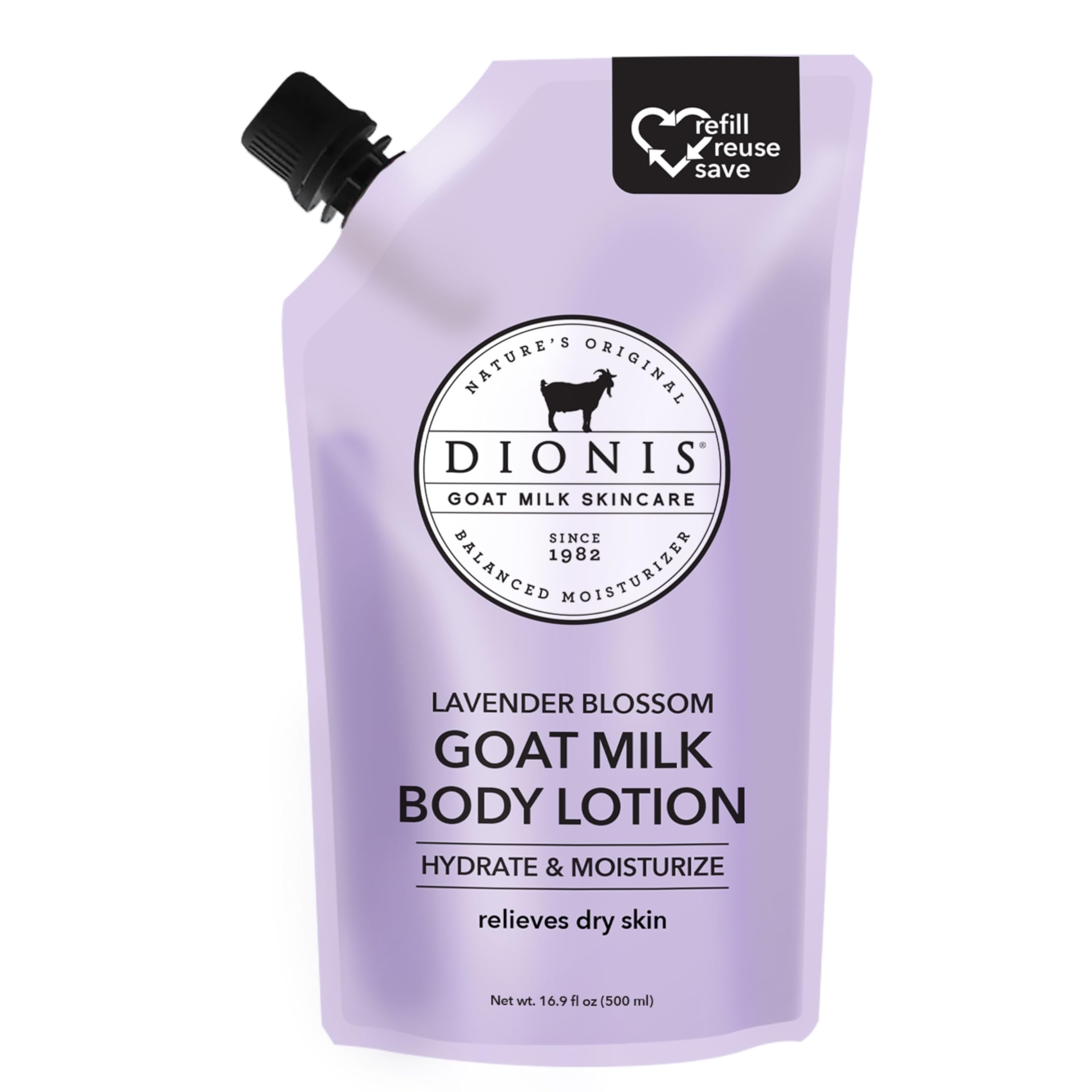 Dionis refill pouch for goat milk lotion, eco-friendly packaging to support sustainable hydration.