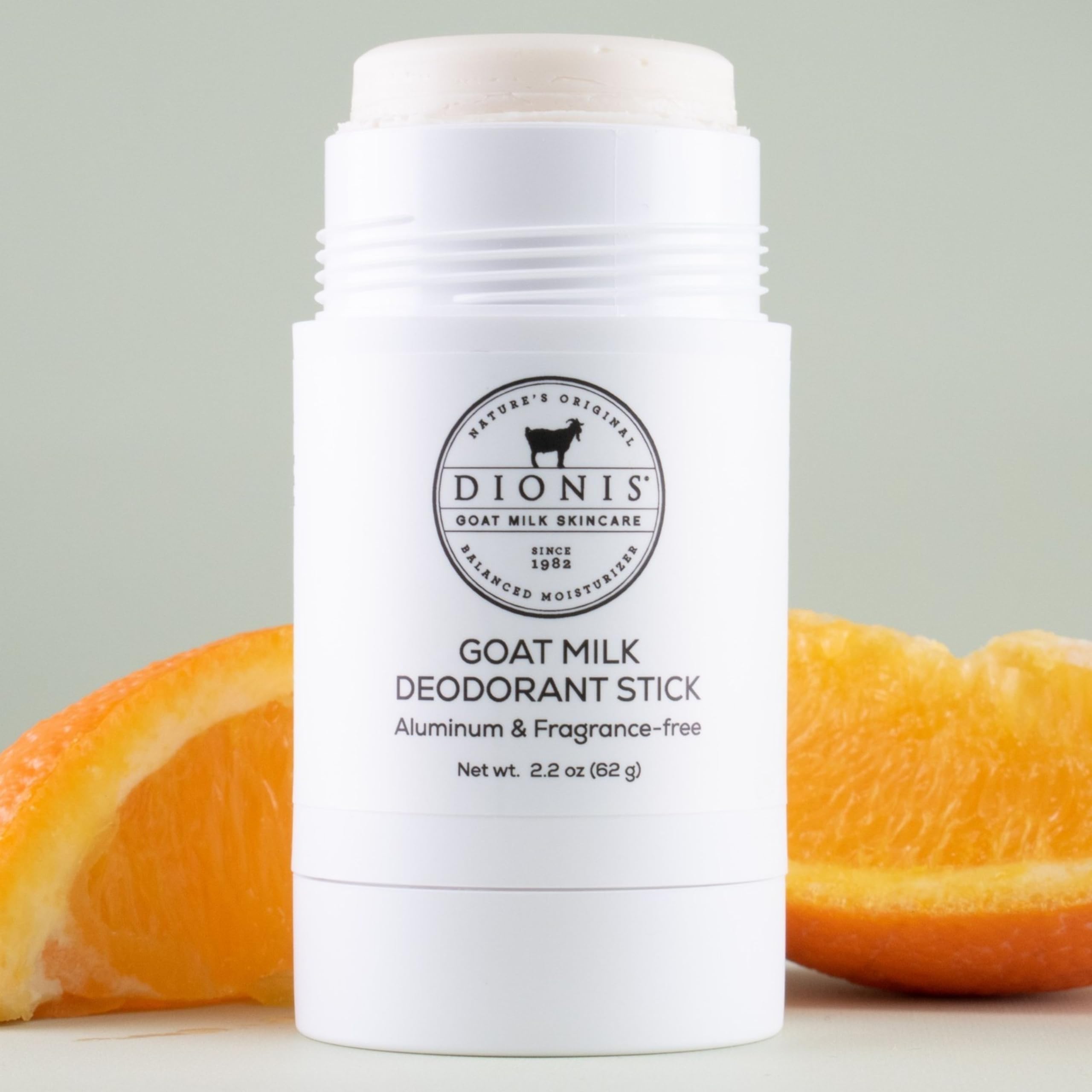 Dionis goat milk deodorant stick box open displays product and usage