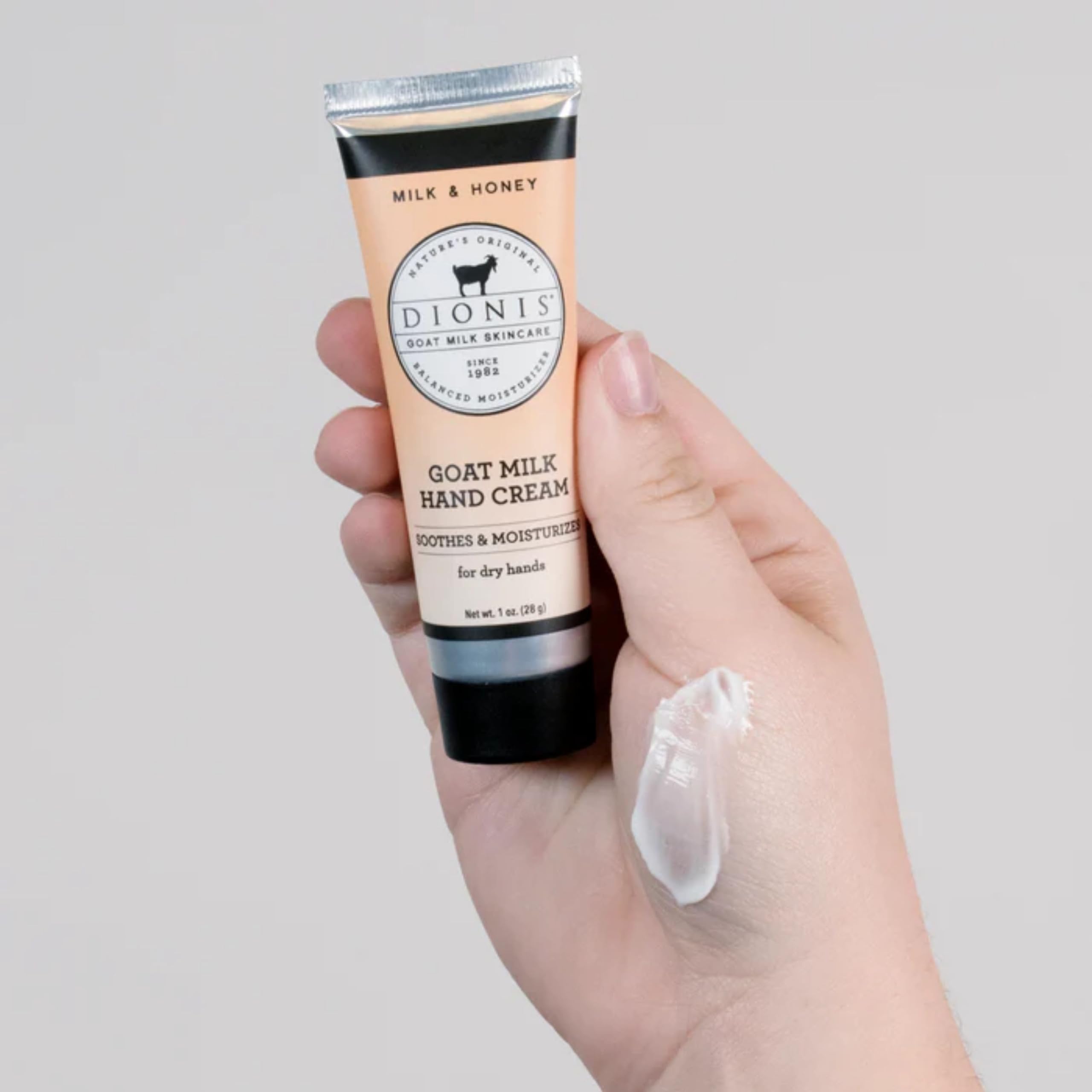 Dionis Goat Milk Hand Cream label details emphasize ingredients and care.