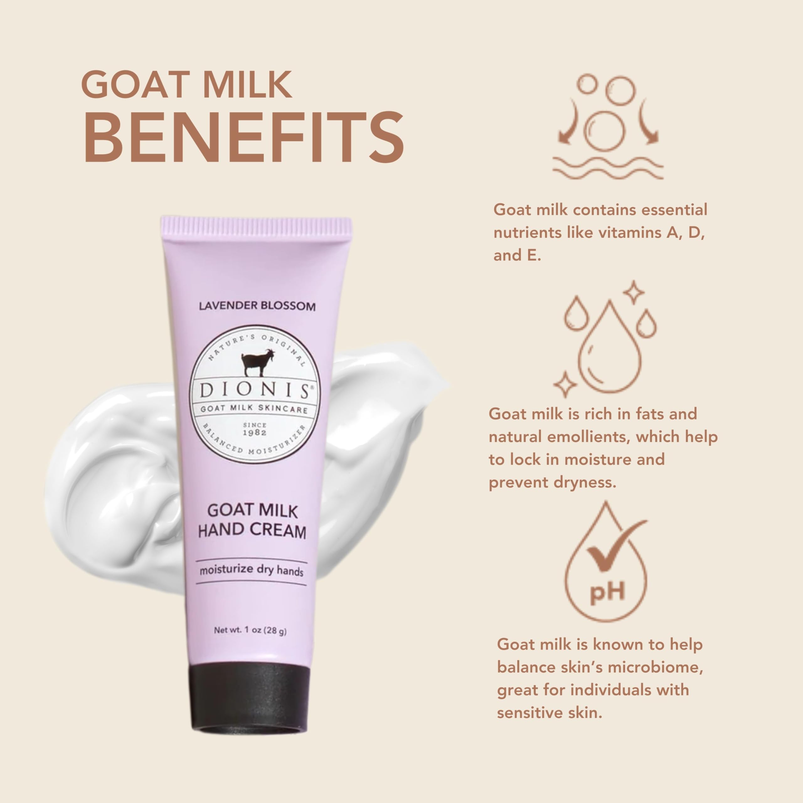 Dionis Goat Milk Hand Cream Lavender Blossom texture close-up shows smooth absorption.