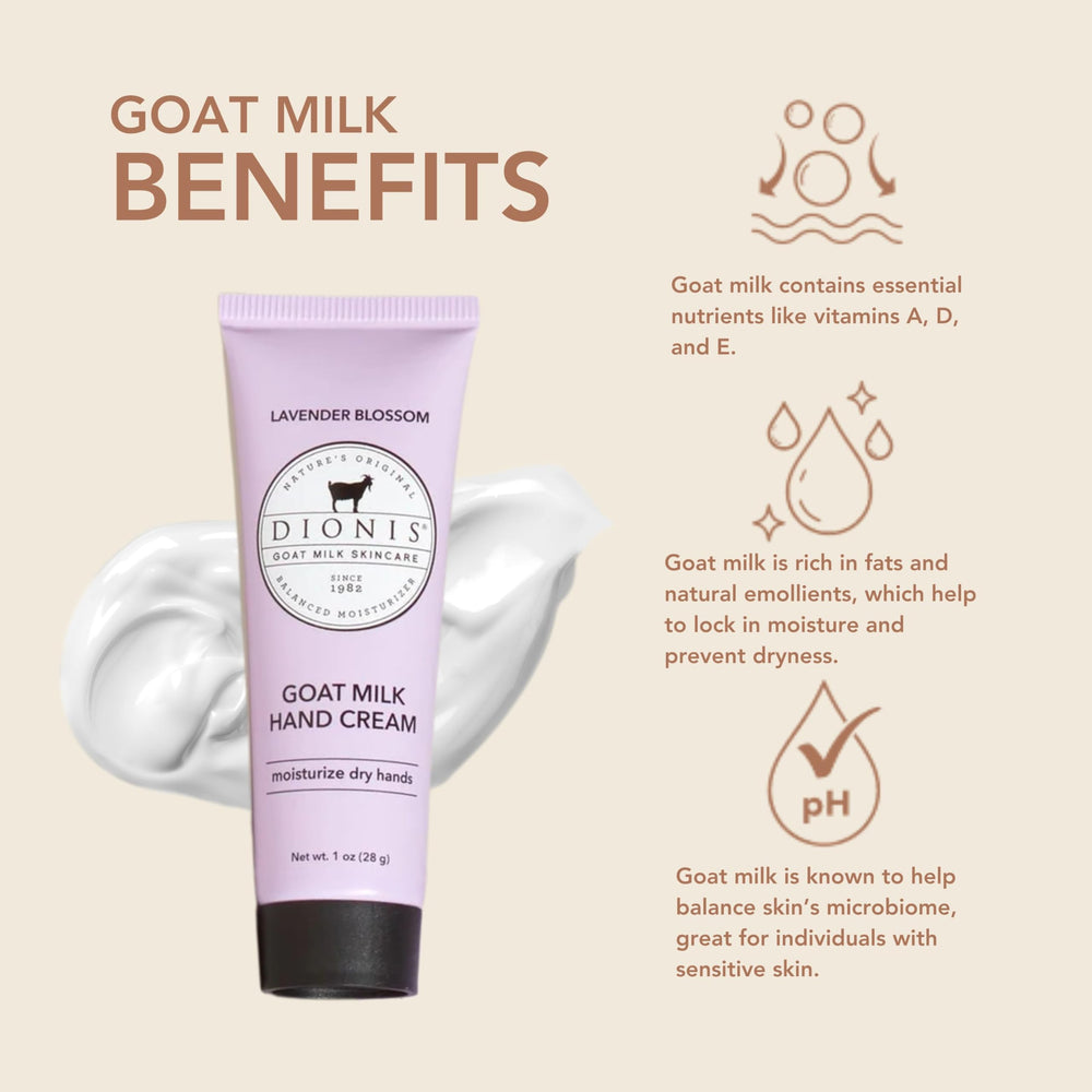 Dionis Goat Milk Hand Cream Lavender Blossom texture close-up shows smooth absorption.