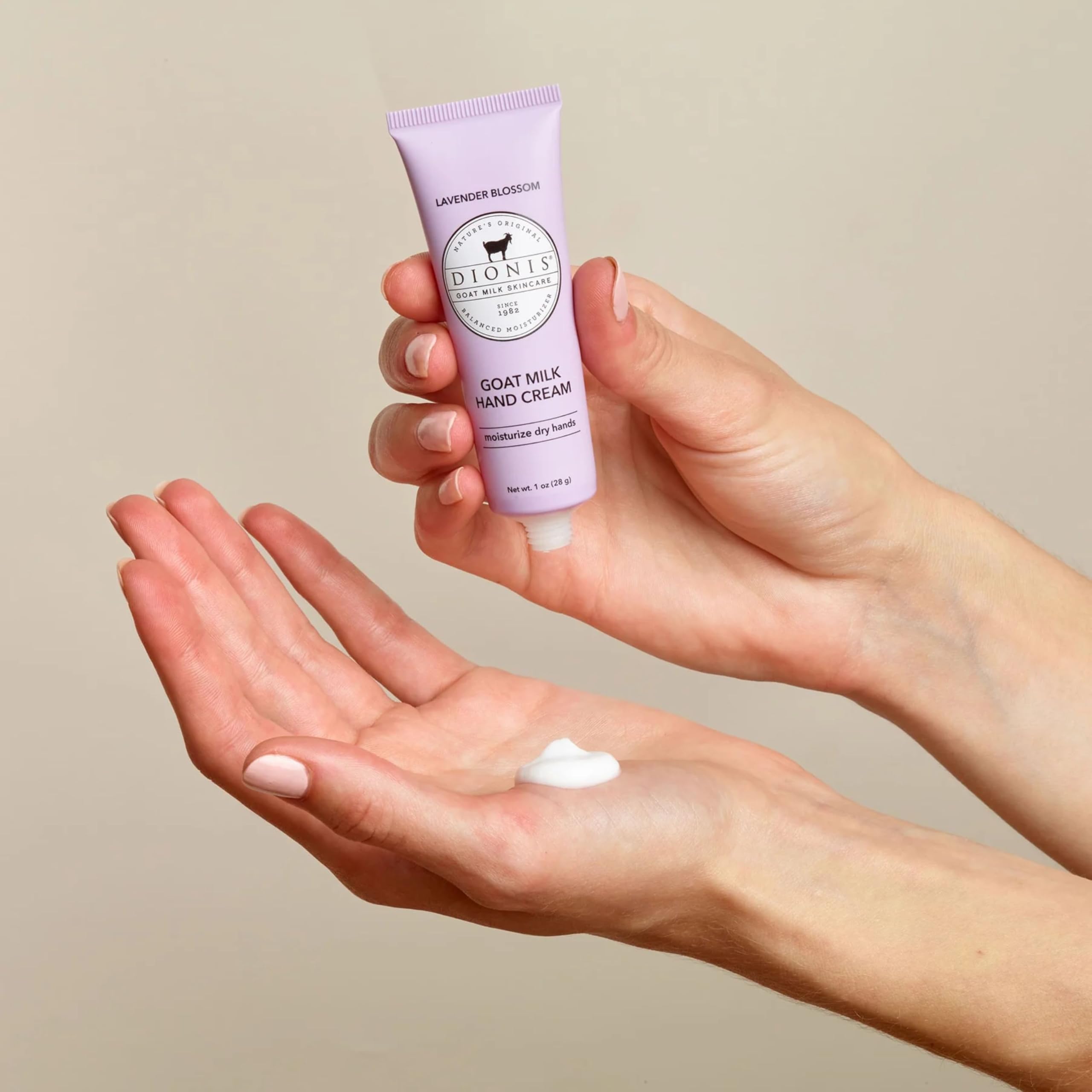 Dionis Goat Milk Hand Cream Lavender Blossom ingredients graphic highlights nourishing nutrients.